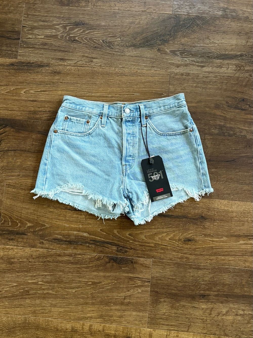 Levi's Pale Blue High-Rise Distressed Denim Shorts